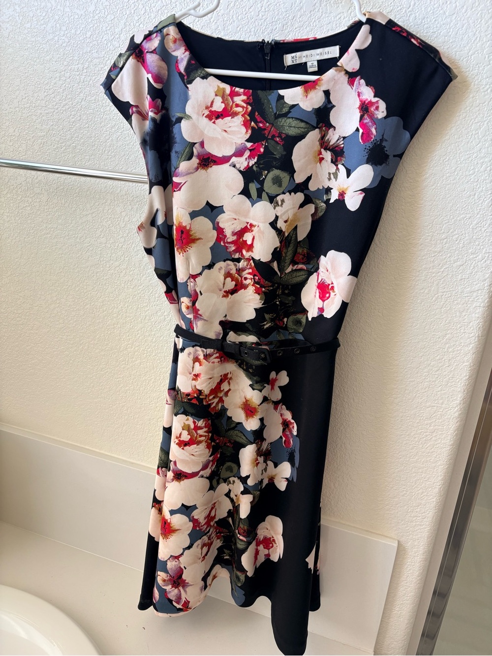 White House Black Market Black Floral Belted Midi Dress